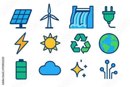 Clean Energy Systems flat icons: solar panel, wind turbine, hydro dam, plug, lightning bolt, sun, recycling symbol, earth, battery, cloud, sparkle, circuit. , , High resolution,