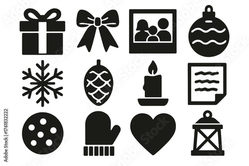 Wrapped Memories silhouette set: gift box, ribbon, family photo, ornament, snowflake, pinecone, candle, handwritten note, cookie, mitten, heart, lantern.