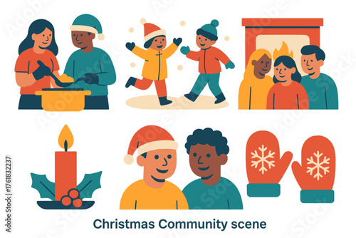 Christmas Community flat icons: volunteers serving food, children playing in snow, fireplace gathering, candlelight, smiling faces, mittens.