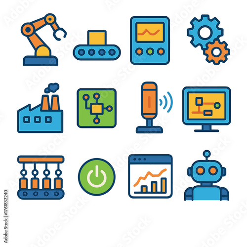 Industrial Automation Set flat icons: robotic arm, conveyor belt, control panel, gear system, factory building, circuit board, machine sensor, automation software, assembly line,