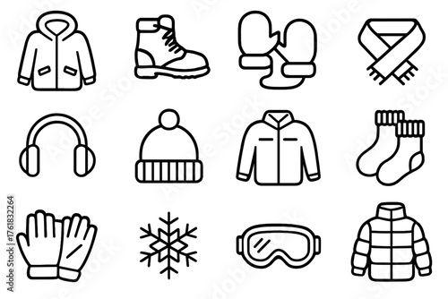 Snow Season Style outline icon set: parka, boots, mittens, scarf, earmuffs, beanie, jacket, wool socks, gloves, snowflake, goggles, puffer coat.