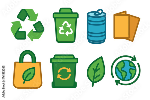 Sustainable Recycling flat icons: recycling symbol, bin with arrows, metal can, folded cardboard, reusable bag, compost bin, eco leaf, global cycle. , , High resolution, sharp