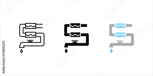 Water filtration linear icon set. Desalination process. Waterdrop falling. Sanitation system. Water purification. Thin line illustration. Contour symbol. Vector outline drawing. Editable stroke	
