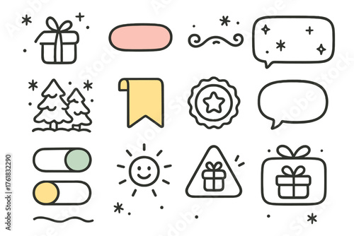 Whimsical Festive Interface Kits outline icon set: doodle icons, candy-colored buttons, hand-drawn dividers, curved panels, snow sparkle overlays, animated trees, ribbon tabs,