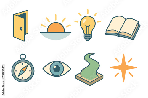 Open-mindedness set icons in modern isometric flat vector style: open door, sunrise, light bulb, open book, compass, eye, pathway, starburst.