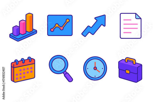Business Forecasting flat isometric set: chart, graph line, arrow up, document, calendar, magnifying glass, clock, briefcase.