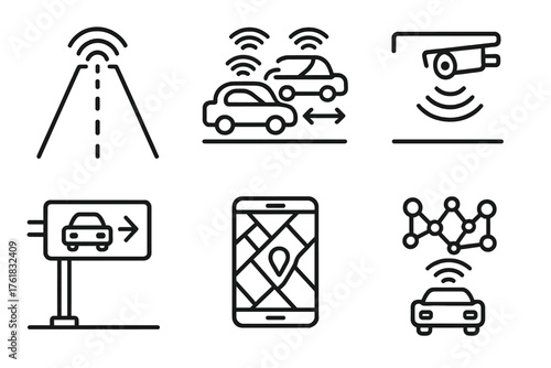 Intelligent Highways outline icon set: smart road, connected vehicles, traffic sensors, digital sign, GPS map, data network. , , High resolution, sharp vector-like appearance,