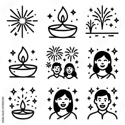 Diwali Night Sky outline icon set: firework explosion, glowing diyas, sparkling lights, bright horizon, festive silhouettes, radiant sparks, joyful faces, golden shimmer. , , High