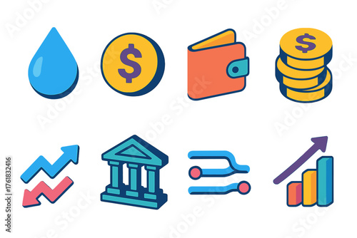 Liquidity flat isometric set: droplet, currency symbol, wallet, coin stack, arrows, bank, flow, bar chart.