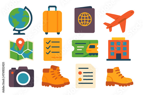 Travel planning flat icons: globe, suitcase, passport, airplane, road map, GPS pin, checklist, train ticket, hotel building, camera, hiking boots, itinerary sheet.
