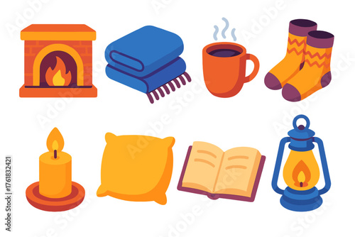 Winter Warmth — Cozy comfort flat isometric set: fireplace glow, wool blanket, steaming mug, knitted socks, candlelight, soft pillow, book, glowing lantern.