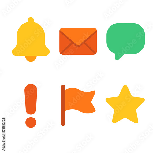 Basic notifications flat icons: bell, envelope, chat bubble, exclamation mark, flag, star.