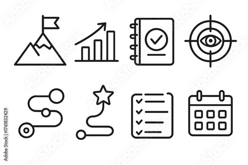 Vision Planning outline icon set: mountain flag, goal chart, notebook, task tracker, focus icon, progress path, success star, calendar. , , High resolution, sharp vector-like