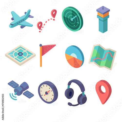 Navigation Icons flat isometric set: airplane, flight path, radar, control tower, navigation grid, wind arrow, horizon line, flight map, satellite signal, altitude gauge, pilot