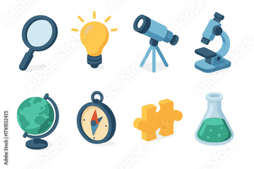 Curiosity & Discovery set icons in modern isometric flat vector style: magnifying glass, lightbulb idea, telescope, microscope, globe, compass, puzzle piece, experiment flask.