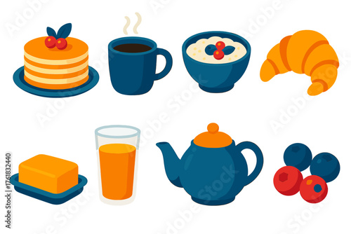 Winter Mornings Breakfast Time flat icons: pancakes stack, coffee cup, bowl of oatmeal, croissant, butter dish, orange juice glass, teapot, berries.