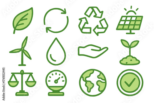 Sustainable Eco Systems set of icons in doodle hand-drawn vector style: green leaf, renewable icon, recycle symbol, solar panel, wind turbine, water drop, eco hand, plant sprout,