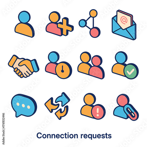 Connection Requests flat isometric set: user profile, plus symbol, network nodes, email invite, handshake, pending clock, friend icon, approval tick, chat bubble, connection arrows