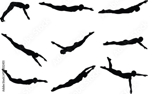 Diving, silhouette, motion, athlete, jump, water, splash, pose, sequence, technique, body, form, fluid, black, vector, illustration, flat, cad, drawing, sport, action, performance