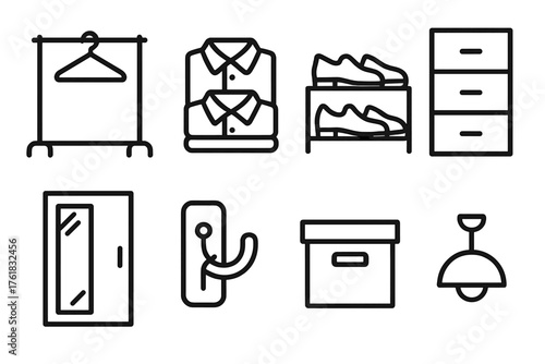 Wardrobe Layout outline icon set: hanger rack, folded shirts, shoe shelf, drawer unit, mirror door, coat hook, storage box, closet lamp.