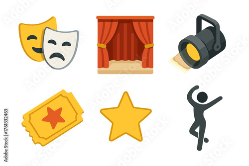 Performing artist set icons in modern isometric flat vector style: theater mask, stage curtain, spotlight, ticket, star, dancer figure.