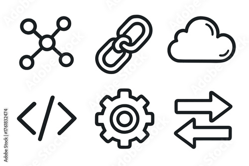 API Integration set of icons in doodle hand-drawn vector style: connection nodes, link icon, cloud symbol, code brackets, gear icon, data flow arrows.
