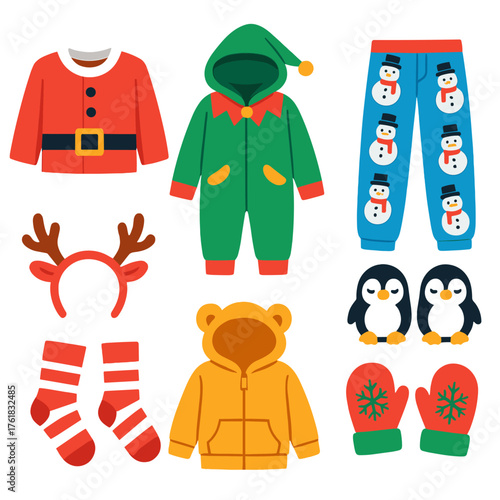 Christmas Pajamas Cute Characters flat icons: Santa pajama top, elf hooded onesie, snowman print pants, penguin slippers, reindeer antler headband, candy cane socks, bear ear