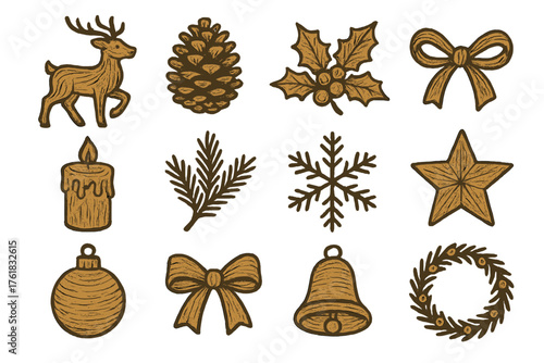 Christmas Reindeer Rustic — Warm Line Art outline icon set: wood-carved reindeer, pinecone, holly sprig, jute twine, candle, fir branch, snowflake, wooden star, ornament, ribbon,