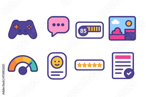 Gaming Feedback flat icons: joystick icon, text bubble, score meter, game screenshot, satisfaction gauge, player profile, rating stars, summary sheet.