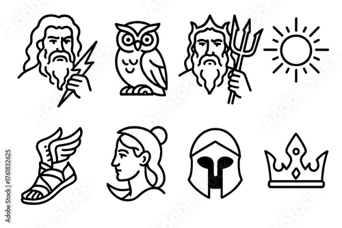 Greek Gods outline icon set: Zeus thunderbolt, Athena owl, Poseidon trident, Apollo sun, Hermes sandals, Artemis moon, Hades helm, Hera crown.