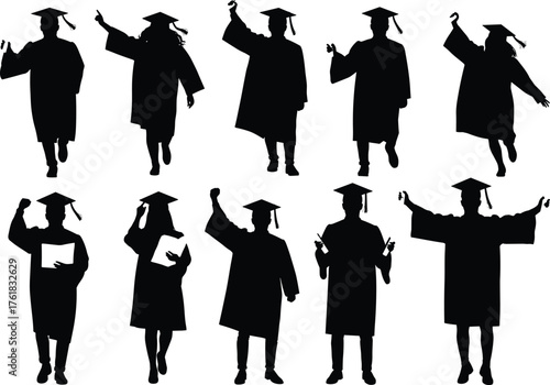 Graduation, silhouette, cap, gown, diploma, celebration, pose, gesture, success, achievement, student, academic, ceremony, joy, black, vector, illustration, flat, cad, drawing, education, festive