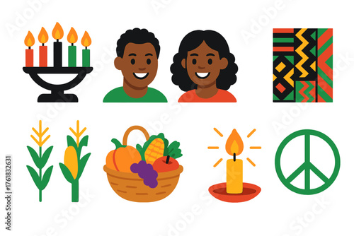 Kwanzaa Family flat isometric set: kinara with flames, smiling faces, clasped hands, African textile, maize stalks, harvest basket, candle glow, peace symbol.