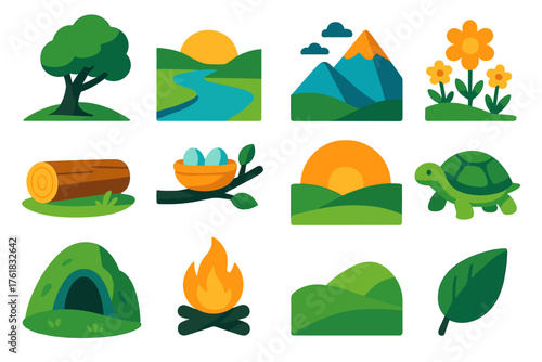 Nature rest flat icons: tree shade, riverbank, mountain, flower field, log seat, bird nest, sunset, turtle, cave, campfire, grassy hill, leaf.