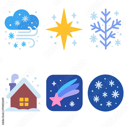 Winter Magic flat icons: snowstorm, shimmering star, cozy cabin, crystal frost, shooting star, gentle snow.