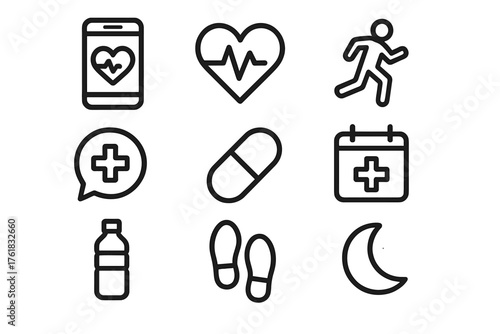 Mobile Health Apps outline icon set: smartphone, heart rate, pulse line, fitness icon, medical cross, chat bubble, pill, calendar, water bottle, step counter, sleep moon, gear. , ,