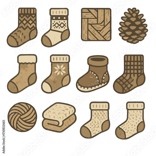 Winter Socks – Nordic Warmth silhouette set: geometric knit, fair isle pattern, neutral tones, wool texture, cozy cabin floor, pinecone accent, fleece lining, snowflake cuff,