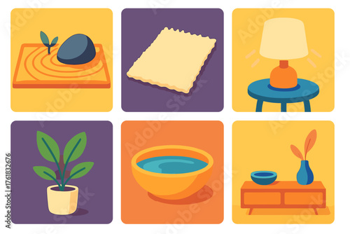 Calm Environments flat icons: zen garden, soft rug, gentle light, green leaves, water bowl, minimalist decor. , , High resolution, sharp vector-like appearance, ideal for UI and