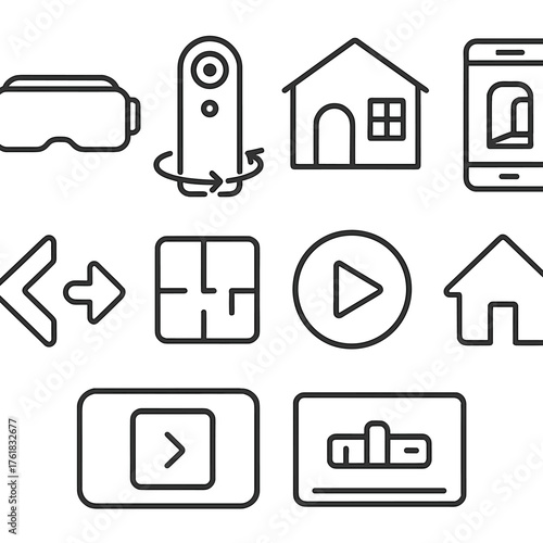 Digital Showings outline icon set: VR headset, 360 camera, house interior, smartphone screen, navigation arrows, floor plan, play button, home icon.