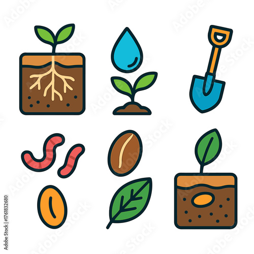 Soil flat icons: roots, soil profile, water droplet, sprout, shovel, earthworm, seed, leaf.