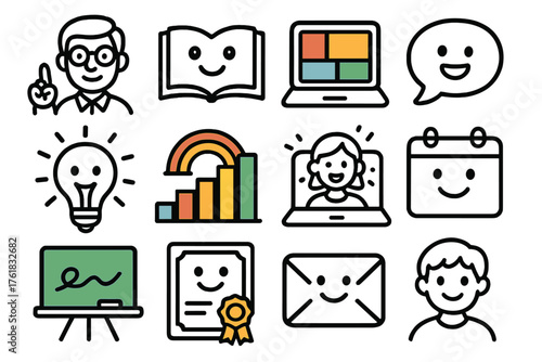 Whimsical Tutoring Platforms outline icon set: cartoon teacher, smiling book, colorful laptop, doodle chat bubble, cheerful light bulb, rainbow progress chart, confetti video call,