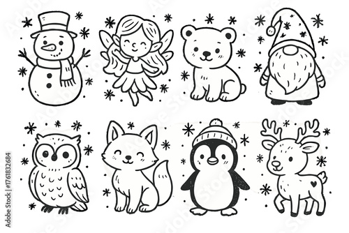 Snowy Friends set of icons in doodle hand-drawn vector style: snowman, ice fairy, polar bear cub, winter gnome, snow owl, arctic fox, penguin, frosty reindeer.