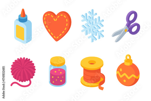 Holiday Decorations DIY Crafts flat isometric set: glue bottle, felt heart, paper snowflake, scissors, yarn pom-pom, glitter jar, ribbon spool, handmade ornament.