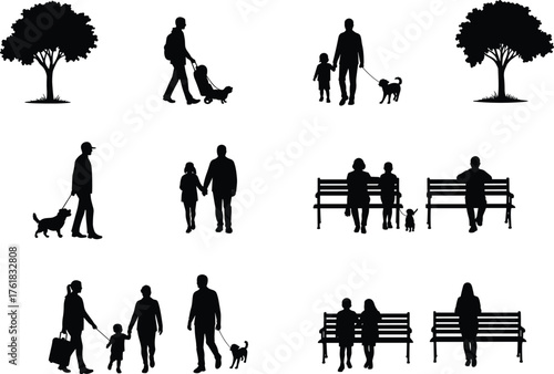 Outdoor, silhouette, family, child, dog, tree, bench, walking, sitting, gesture, pose, nature, leisure, black, vector, illustration, flat, cad, drawing, companionship, activity, connection
