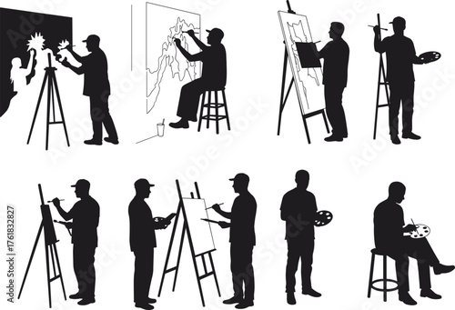Painter, silhouette, canvas, easel, brush, palette, posture, gesture, art, creativity, scene, landscape, black, vector, illustration, flat, cad, drawing, studio, painting, artist, expression