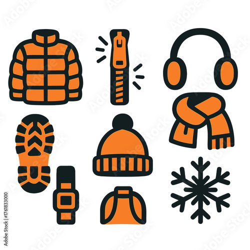Puffer Coats — duotone winter icons silhouette set: down jacket, shiny zipper, warm scarf, ear muffs, boot tread, beanie, snowflake, backpack strap.