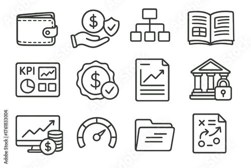 Professional Finance Management set of icons in doodle hand-drawn vector style: corporate wallet, secure transaction icon, structured chart, enterprise ledger, KPI dashboard,