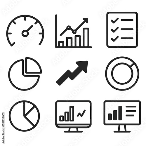 Flat KPI Dashboard Icons outline icon set: speedometer, line chart, bar graph, checklist, pie chart, upward arrow, progress circle, report screen.