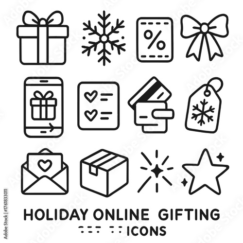 Holiday Online Gifting set of icons in doodle hand-drawn vector style: wrapped present, snowflake, digital coupon, festive ribbon, mobile checkout, wishlist icon, credit card swipe