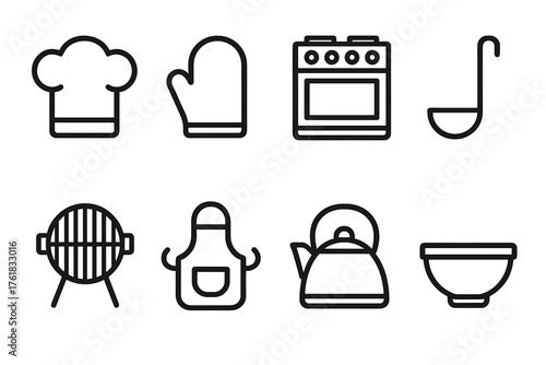 Cooking outline icon set: chef hat, oven mitt, stove, ladle, grill, apron, kettle, mixing bowl.