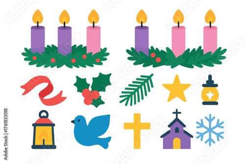 Advent Candles flat icons: four burning candles, wreath, ribbon curl, holly berries, pine needles, flame glow, star, lantern, dove, cross, church, snowflake.